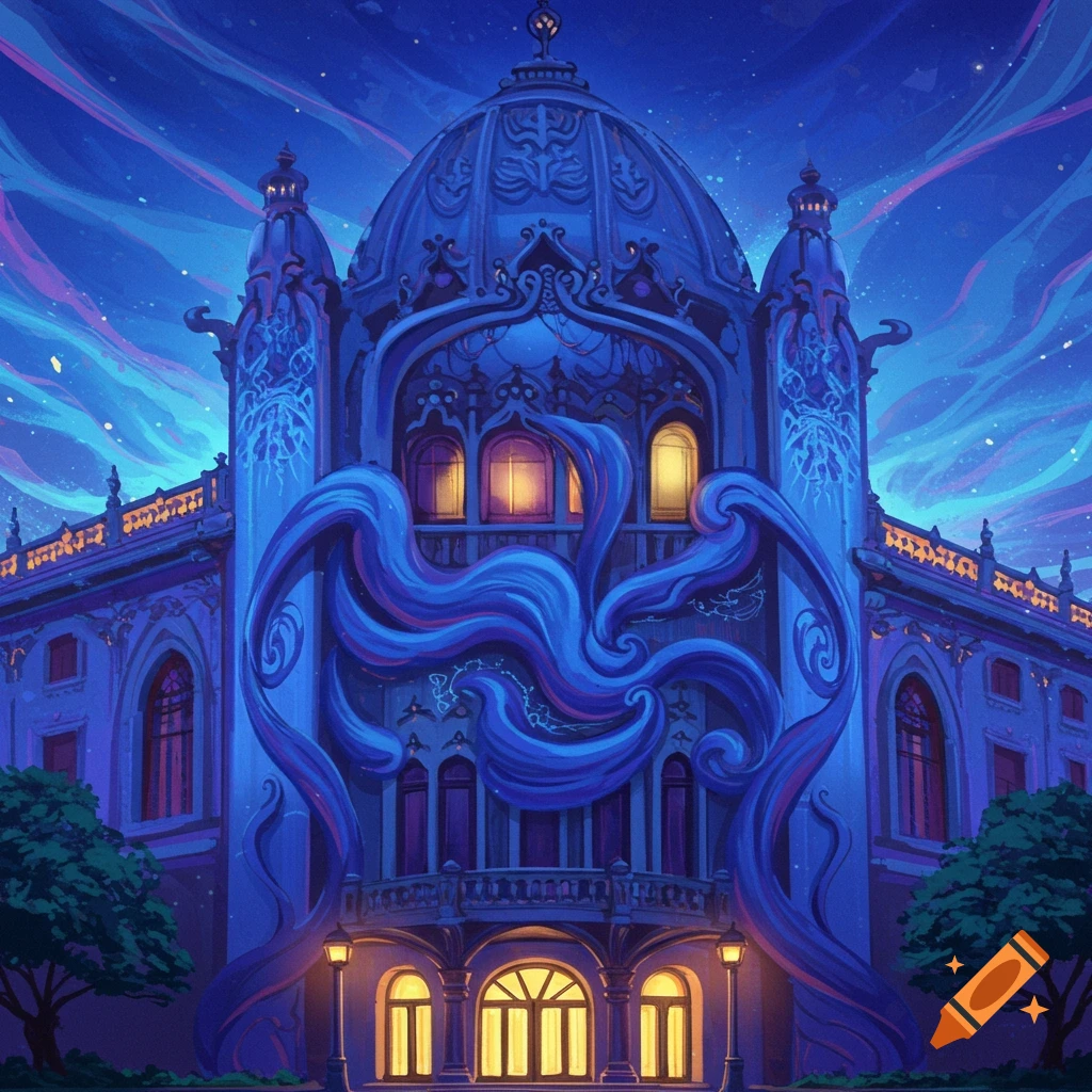 A large ornate building with swirling facade under a starry night sky.