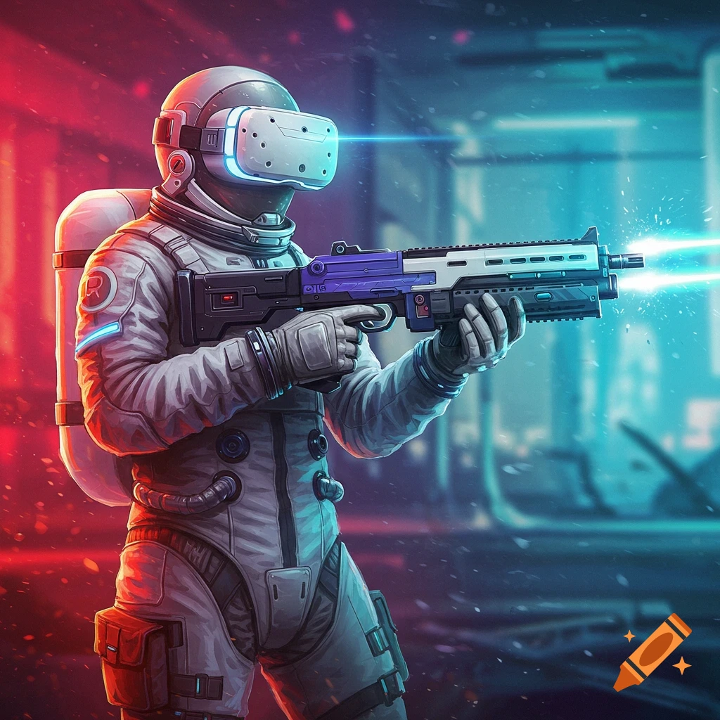 An astronaut wearing VR goggles and holding a futuristic rifle in a sci-fi setting.