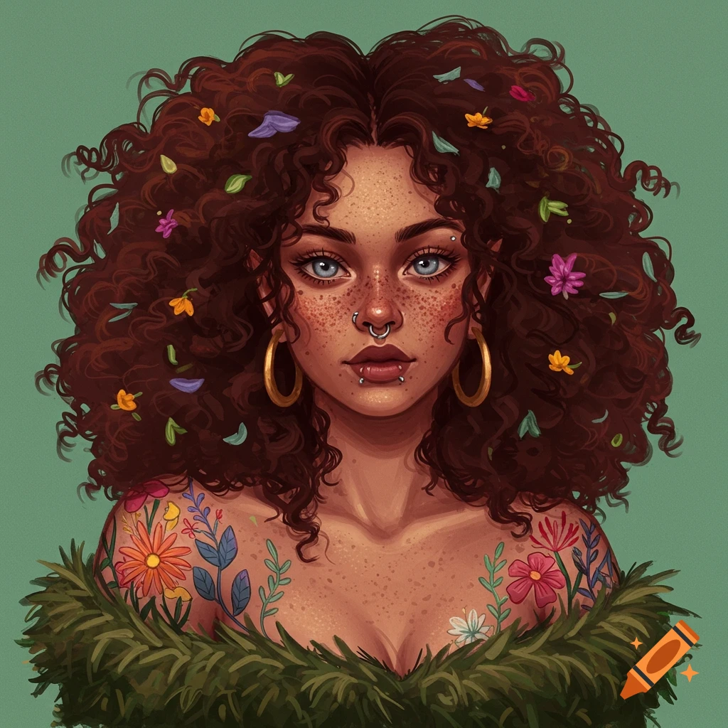 A woman with curly hair, freckles, piercings, and botanical tattoos.