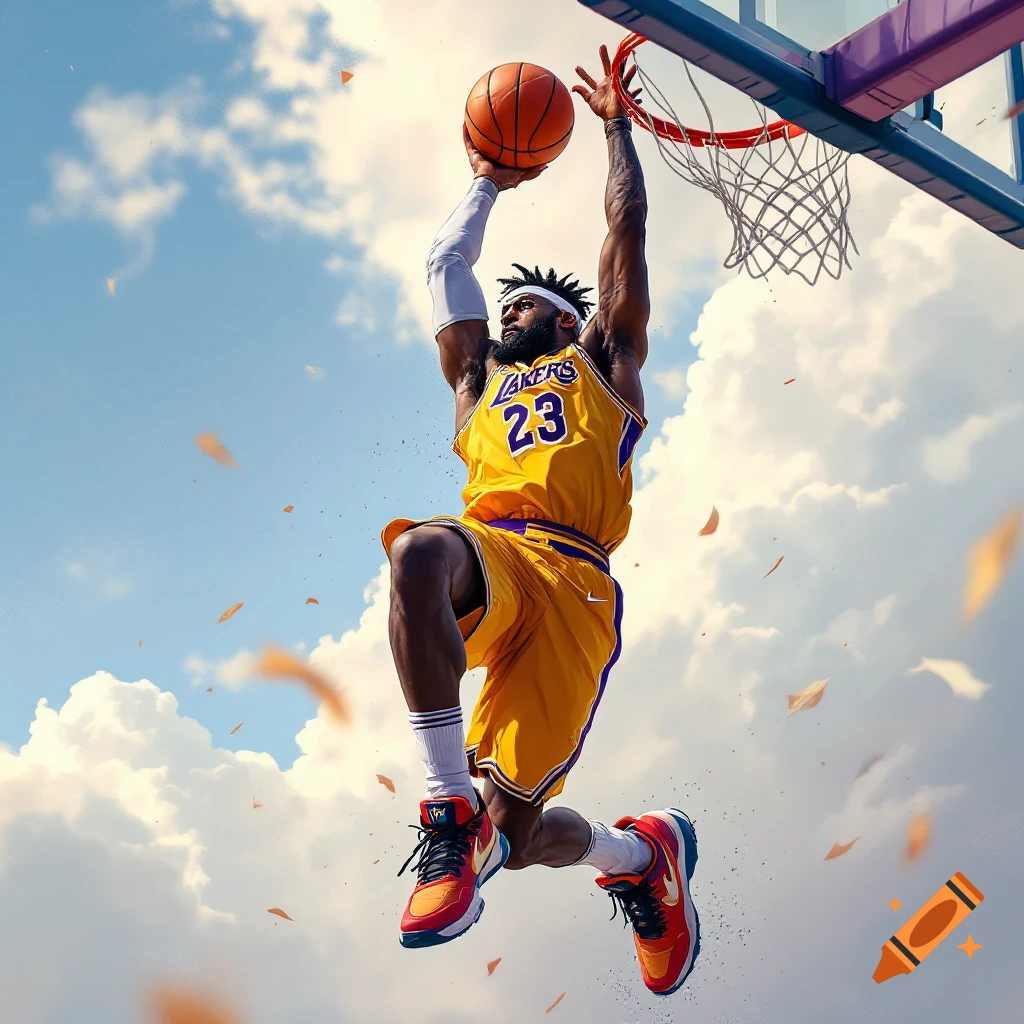 A basketball player in a yellow Lakers jersey dunks a basketball against a cloudy sky