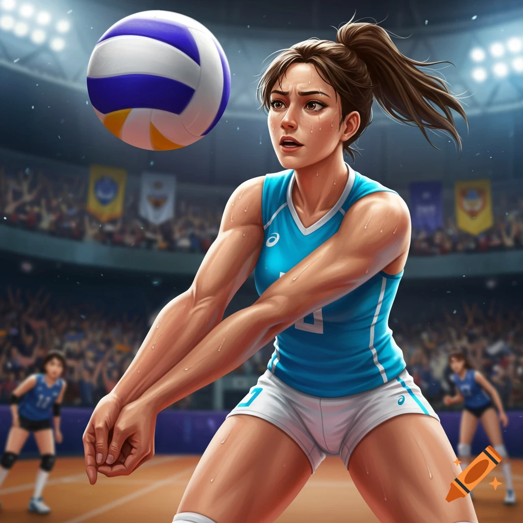 A female volleyball player setting the ball in a stadium.