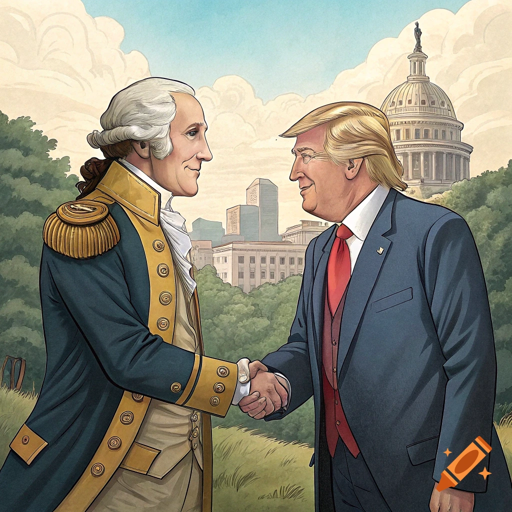 Illustration of George Washington shaking hands with Donald Trump in front of the US Capitol