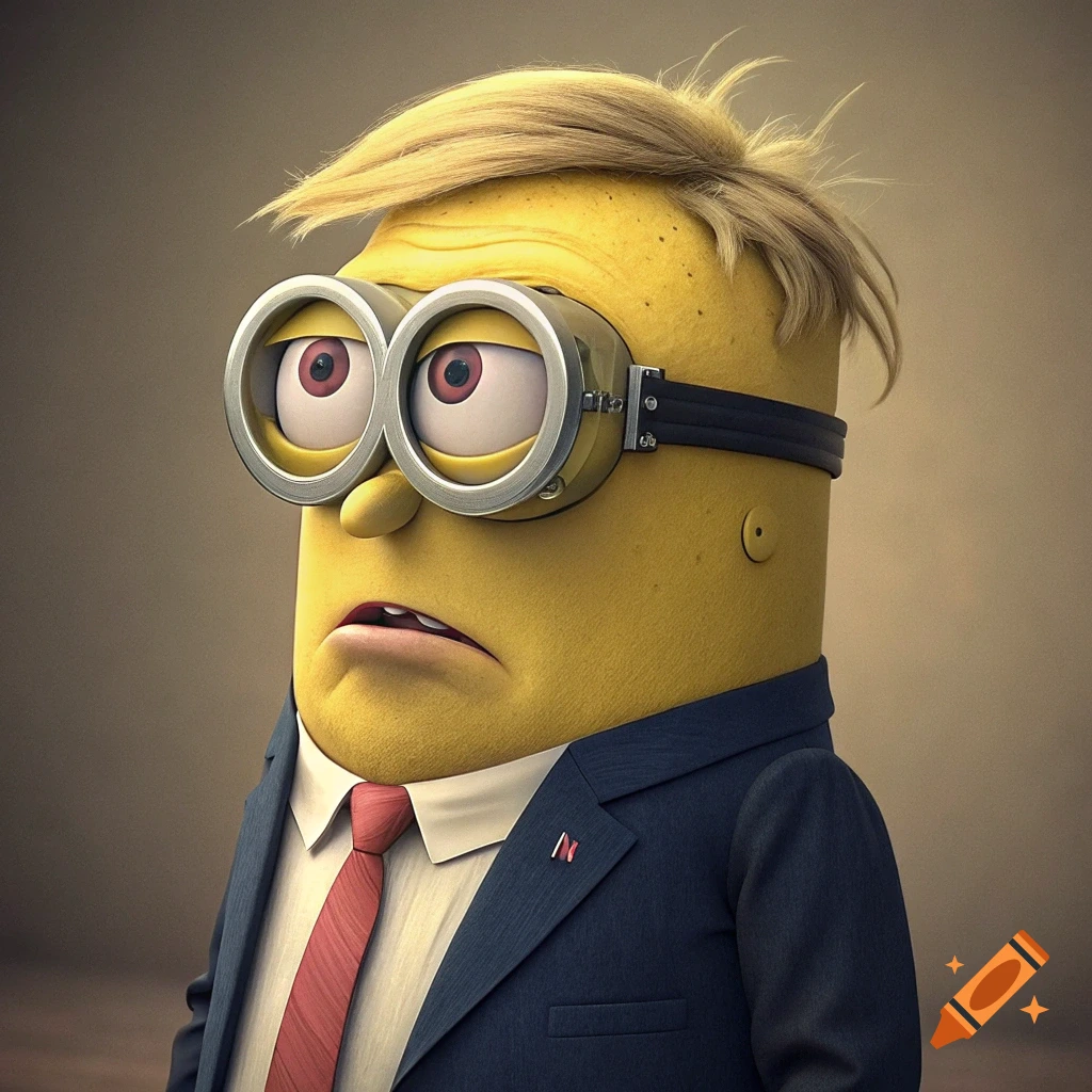 A Minion character styled as Donald Trump, wearing a suit, tie, and goggles.