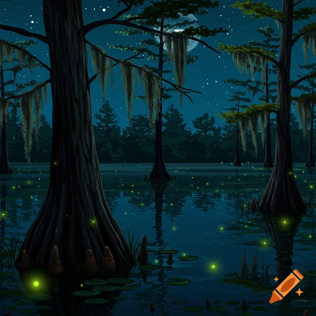 Dark wetland at night with trees, Spanish moss, fireflies, and a full moon.