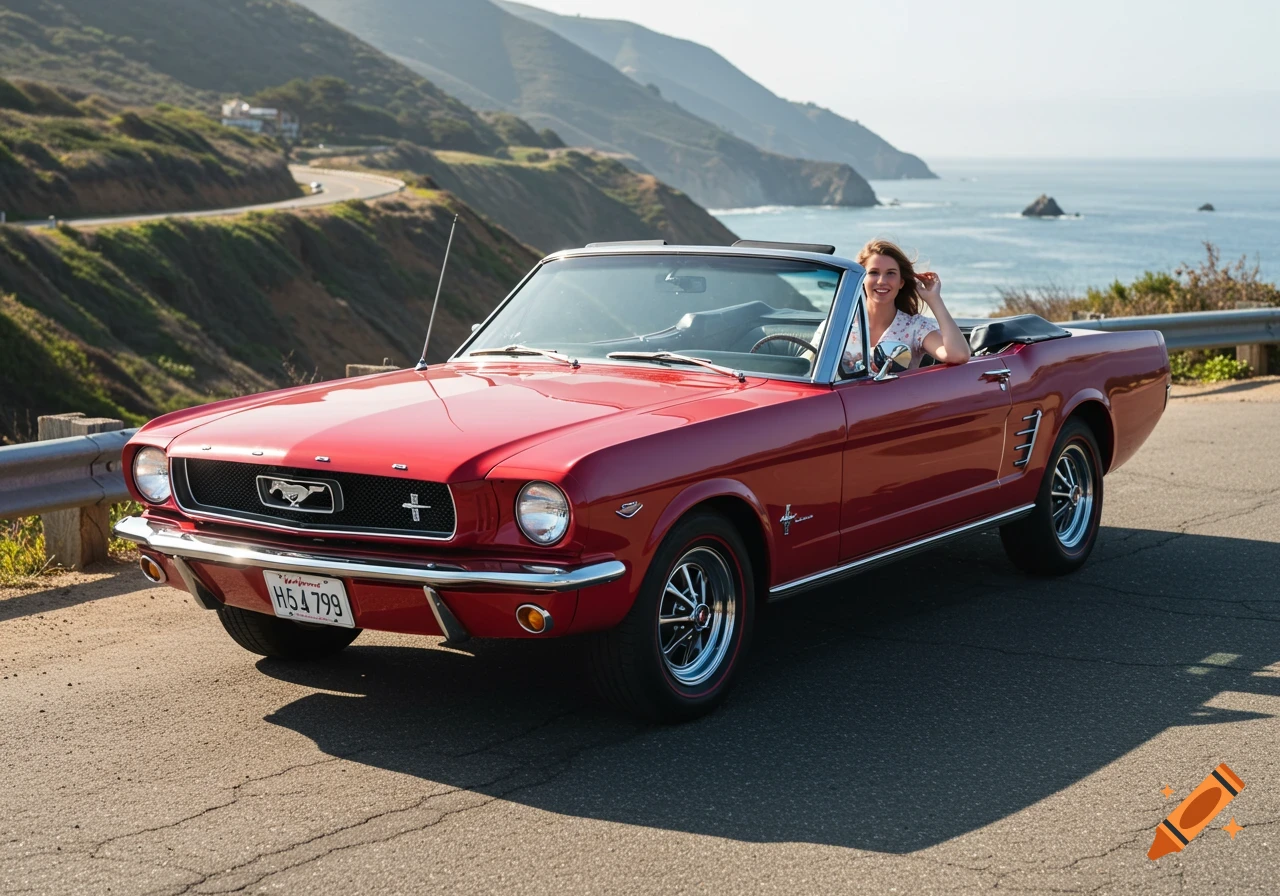 Red classic Mustang convertible with a woman driver parked on a scenic coastal road.