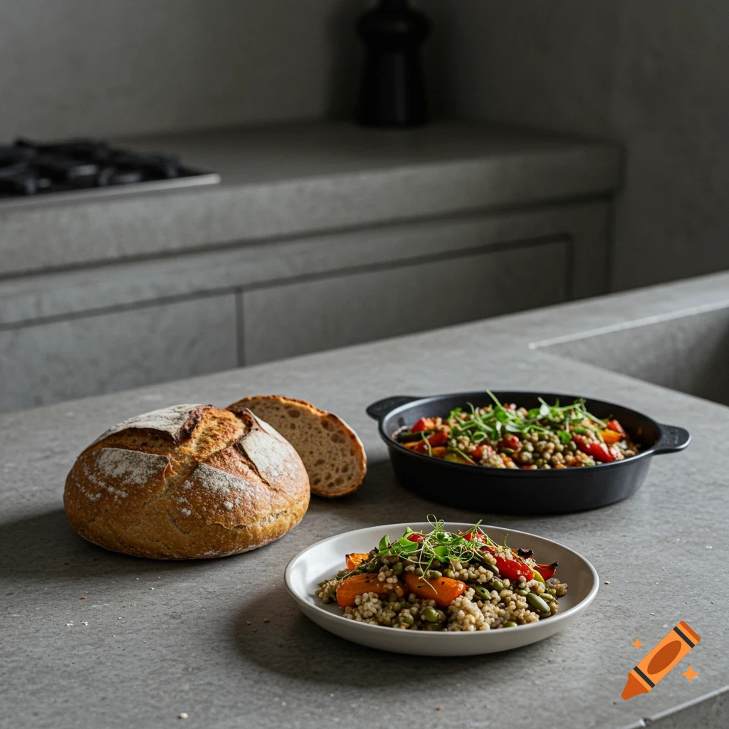A loaf of rustic bread and a dish of grains and vegetables sit on a minimalist kitchen counter.