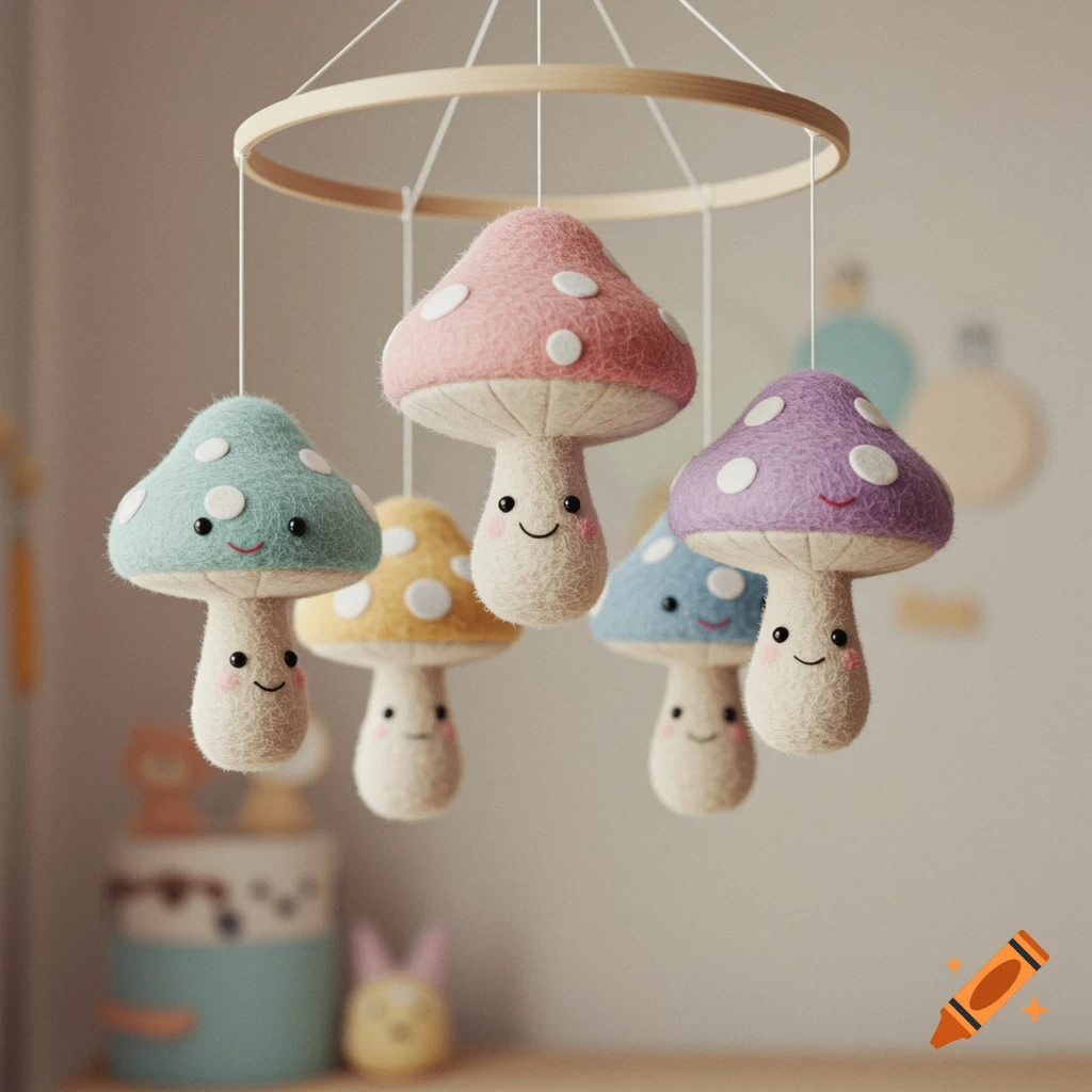 A baby mobile with colorful felt mushrooms with smiling faces, hanging from a wooden ring.