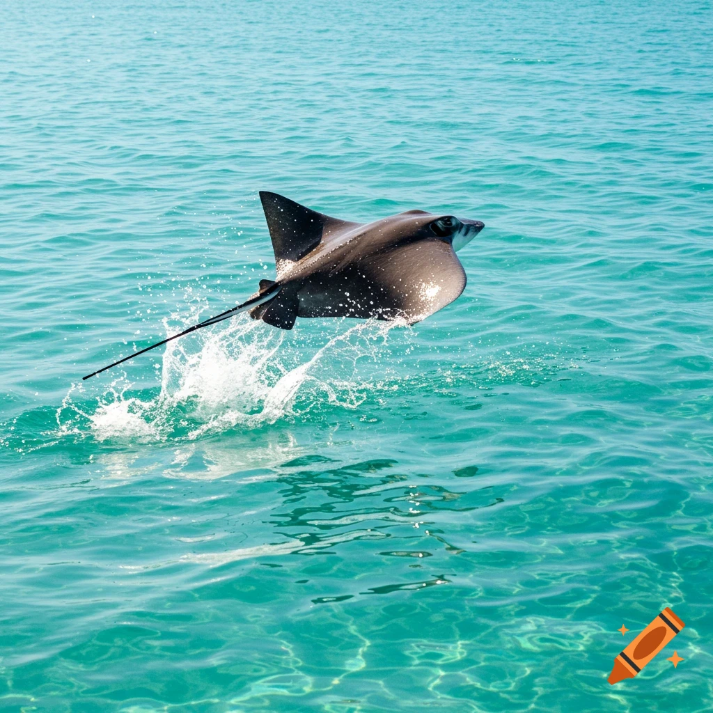 A stingray jumps out of bright blue water