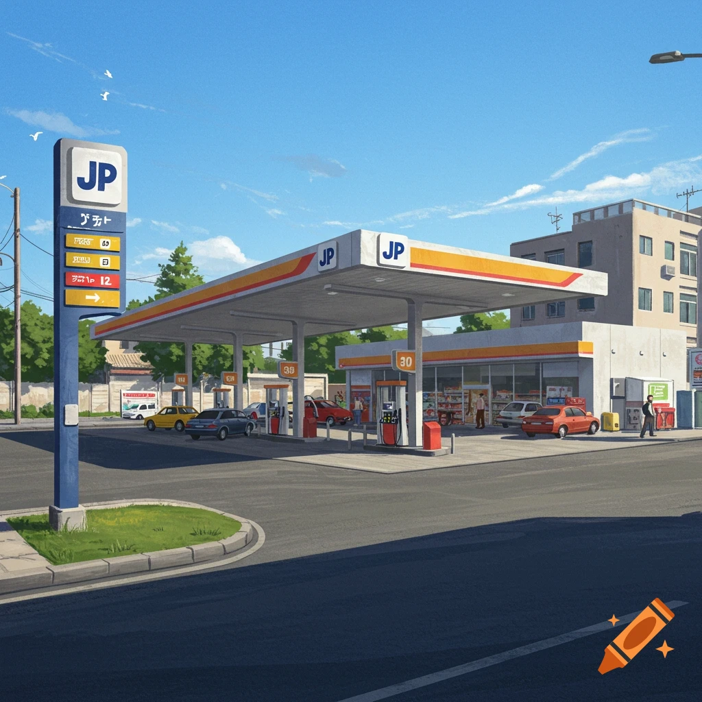 A gas station with cars and people under a blue sky.