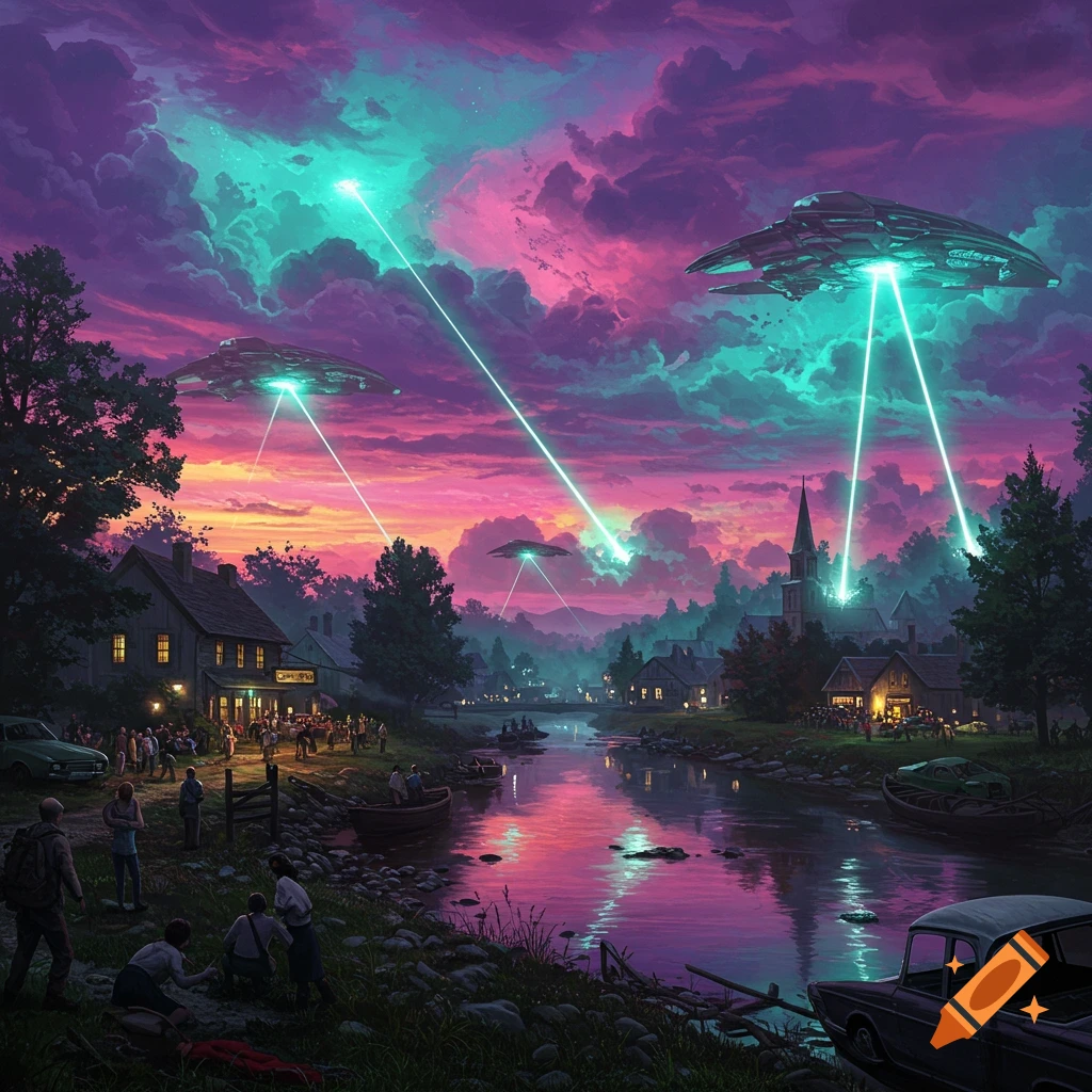 UFOs descending with beams over a small town by a river at sunset.