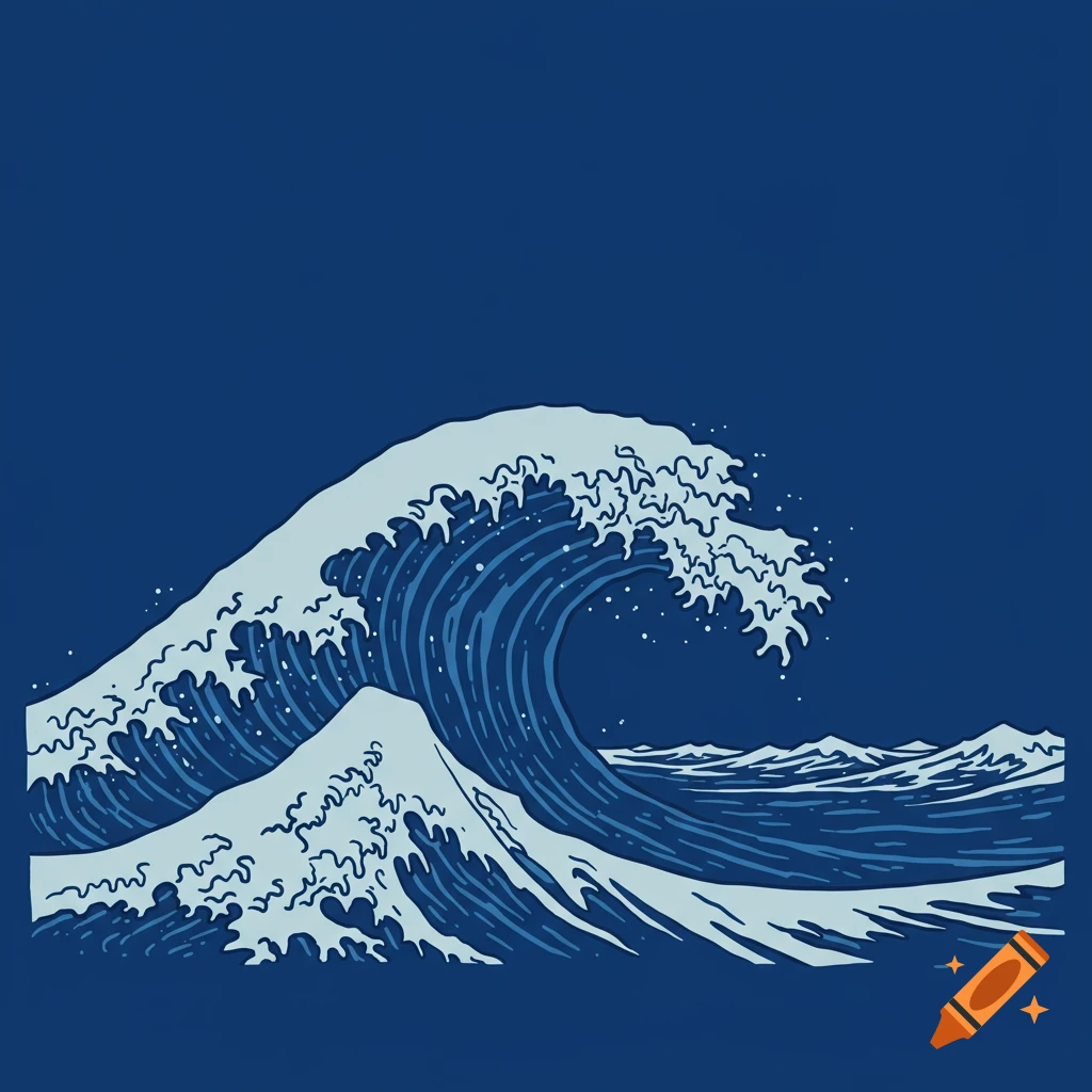 A stylized blue outline illustration of a large ocean wave
