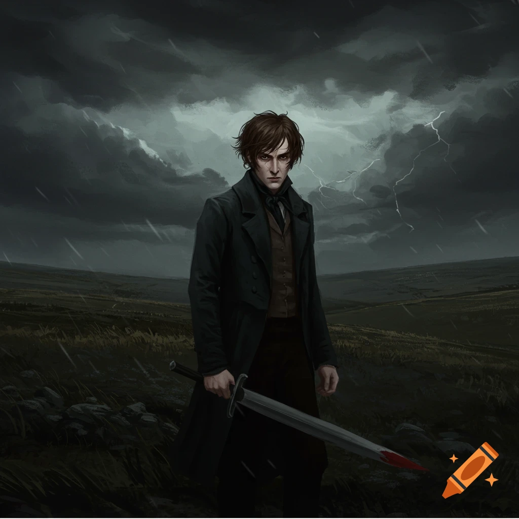 A man in a dark coat holding a bloody sword in a field during a thunderstorm.