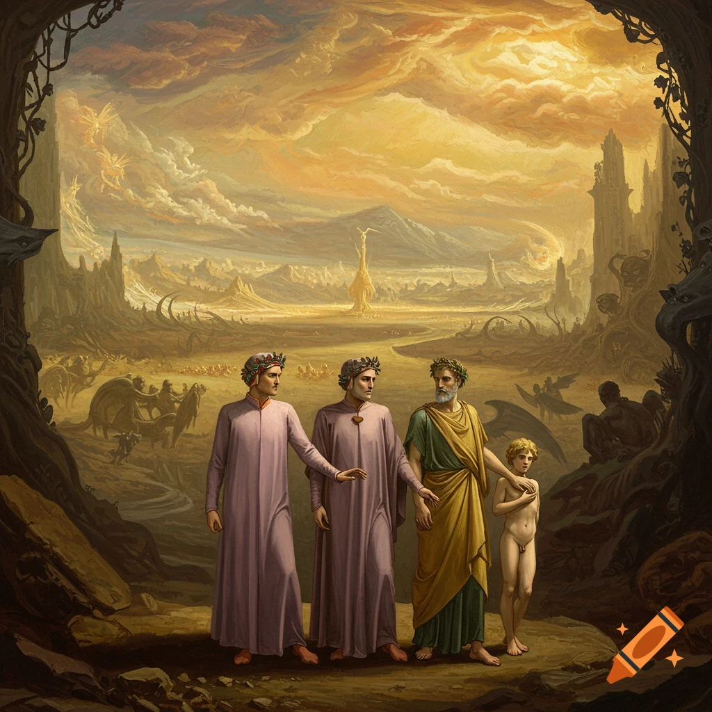 Three robed men and a naked boy stand in a barren, fantastical landscape featuring mountains and strange structures.