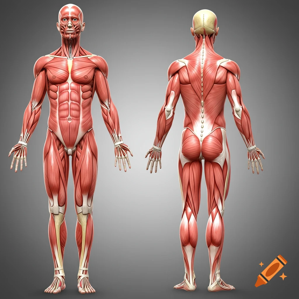 Anatomical illustration showing front and back views of the human muscular system.