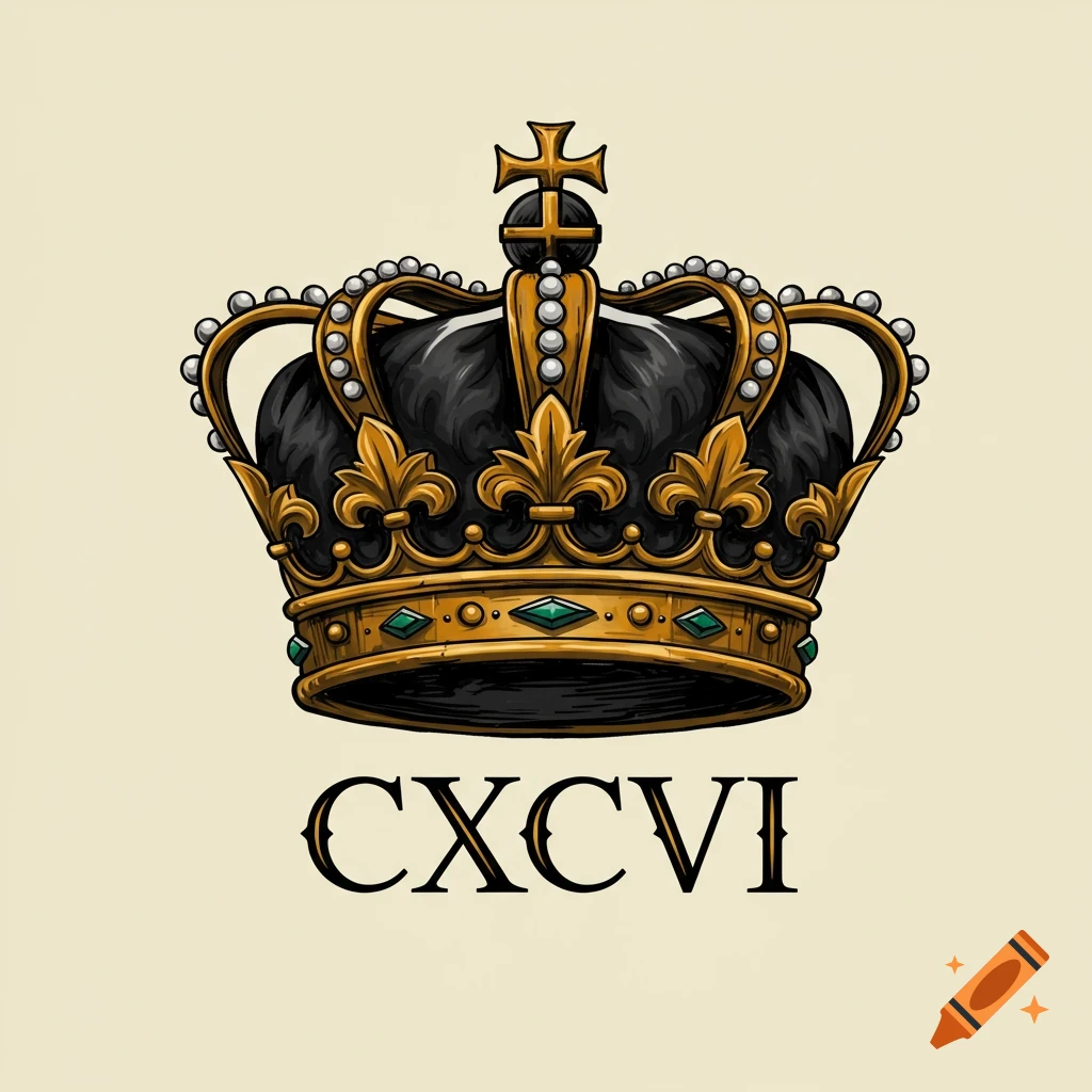 Stylized illustration of a golden and black crown with pearls and green gems, above the Roman numerals CXCVI.