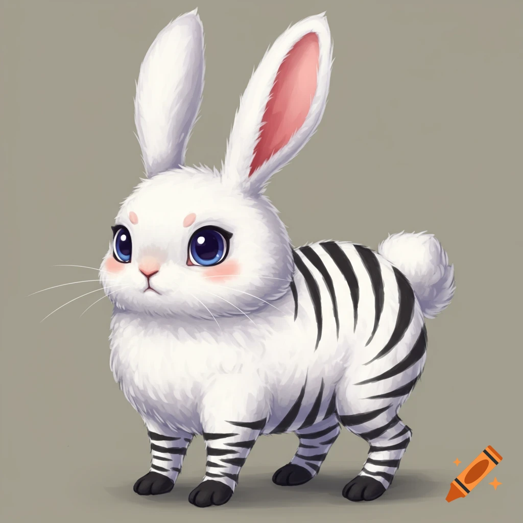 Cute bunny and zebra hybrid creature with big blue eyes.