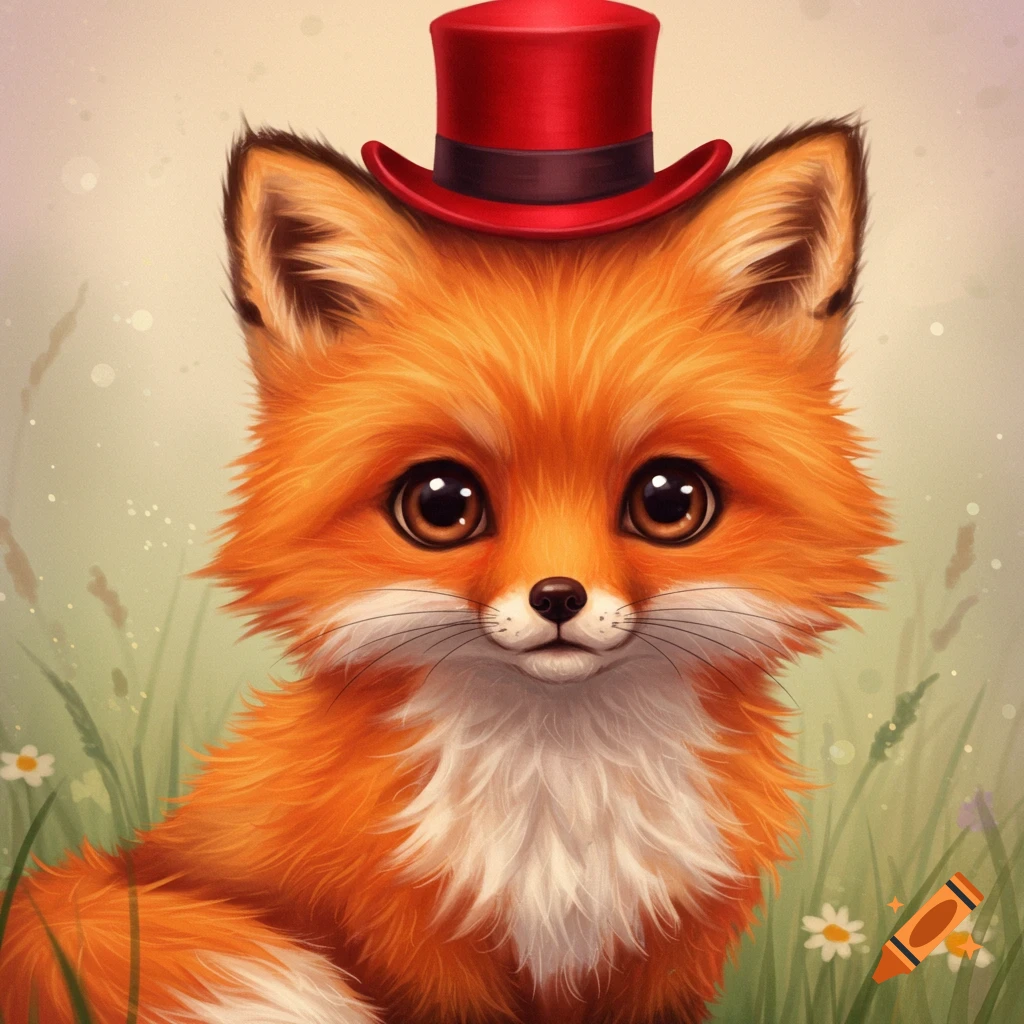 A cute fox wearing a red top hat.