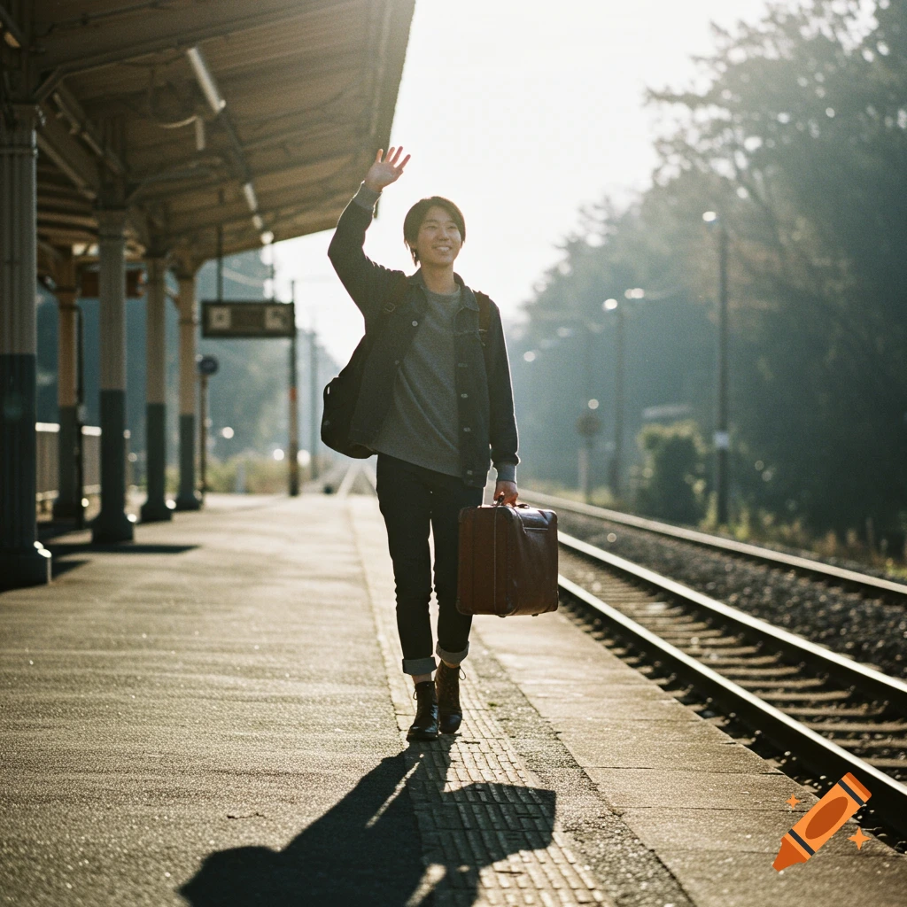 A person walks away on a sunny train platform, carrying a suitcase and waving.
