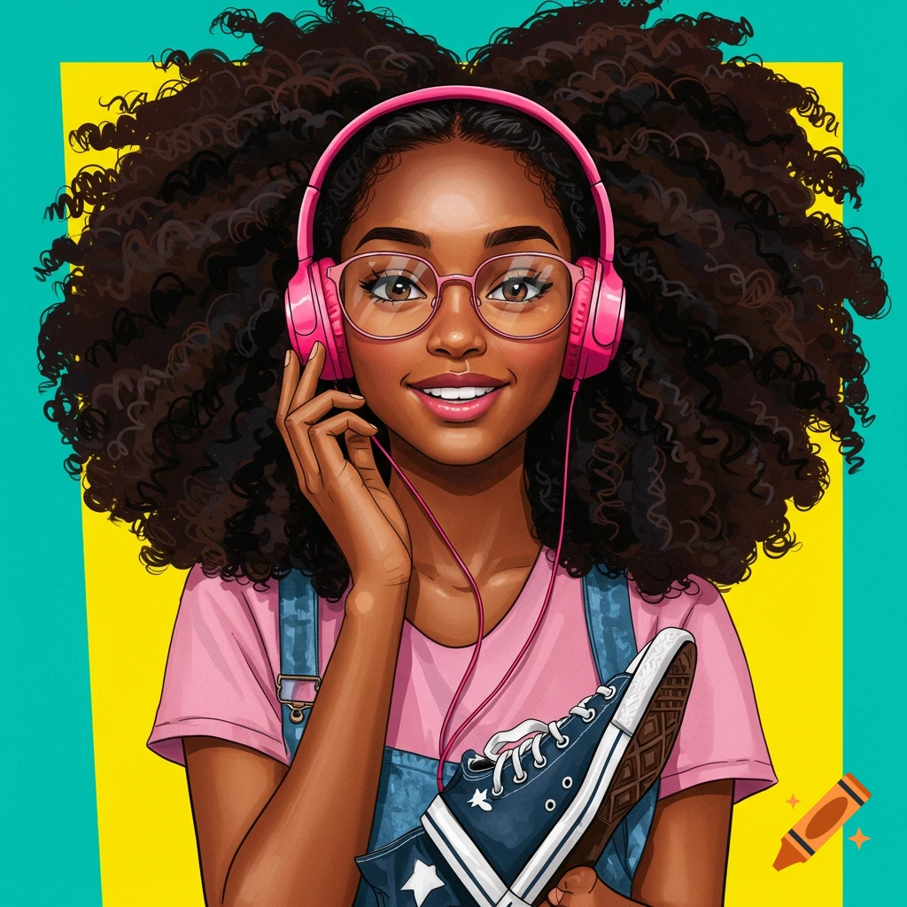 Illustration of a young Black girl with headphones and glasses holding a shoe.