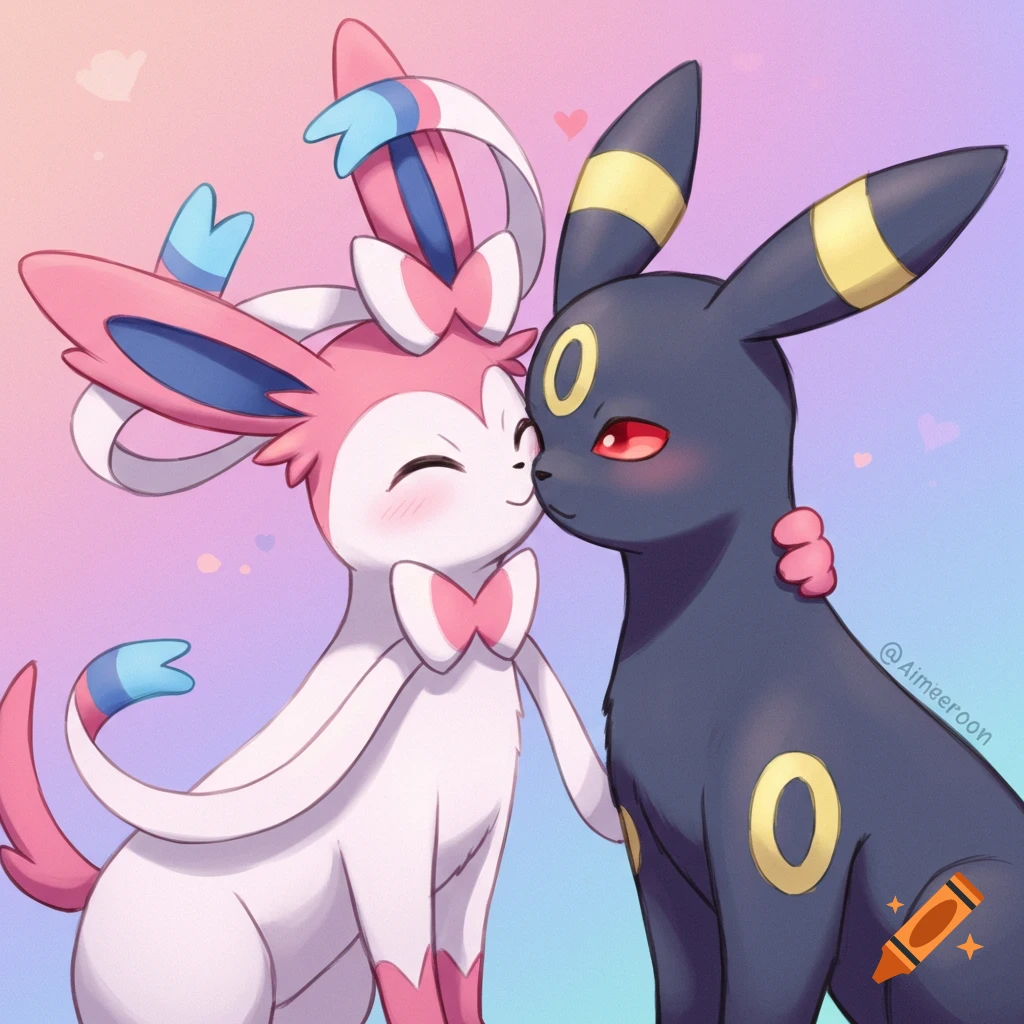 Pink and white Sylveon kissing black Umbreon on the cheek, against a pastel background with hearts.