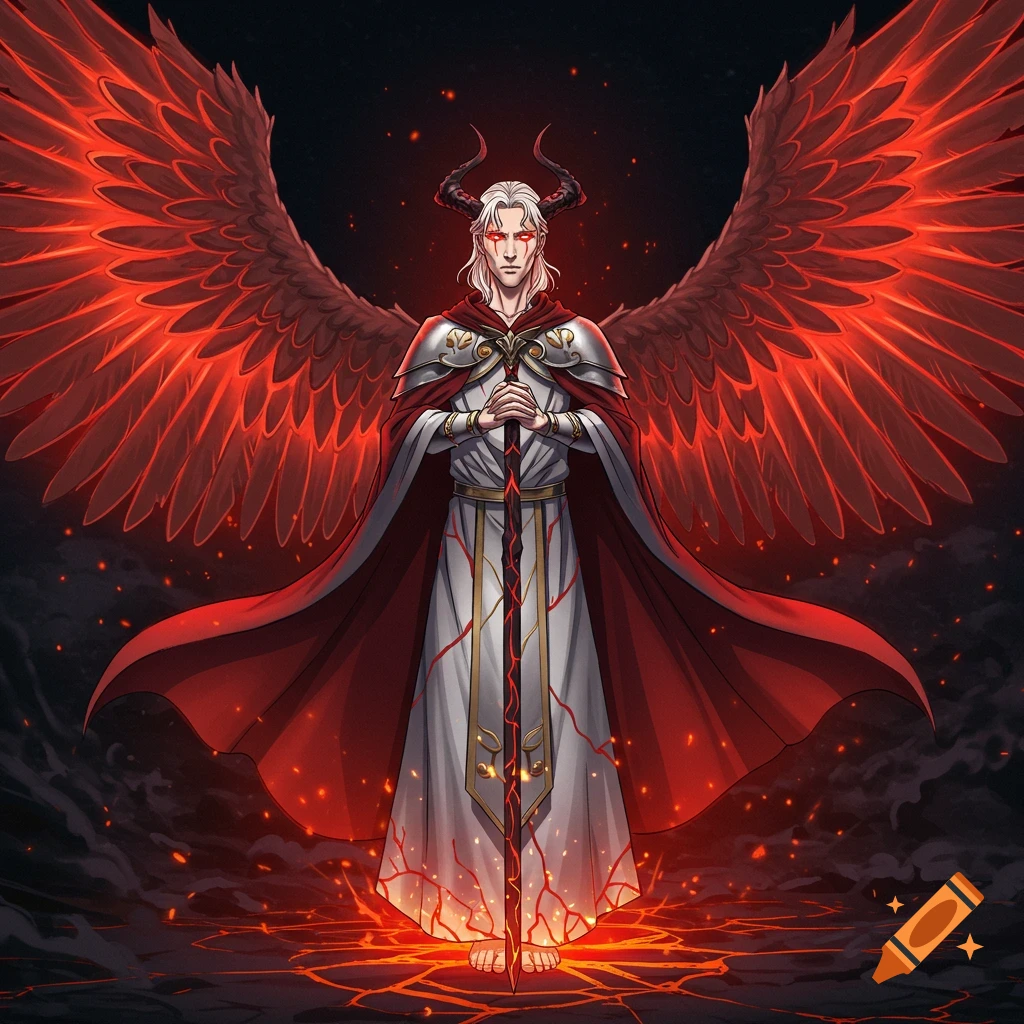 An anime-style fantasy character with large red wings and horns stands holding a sword.