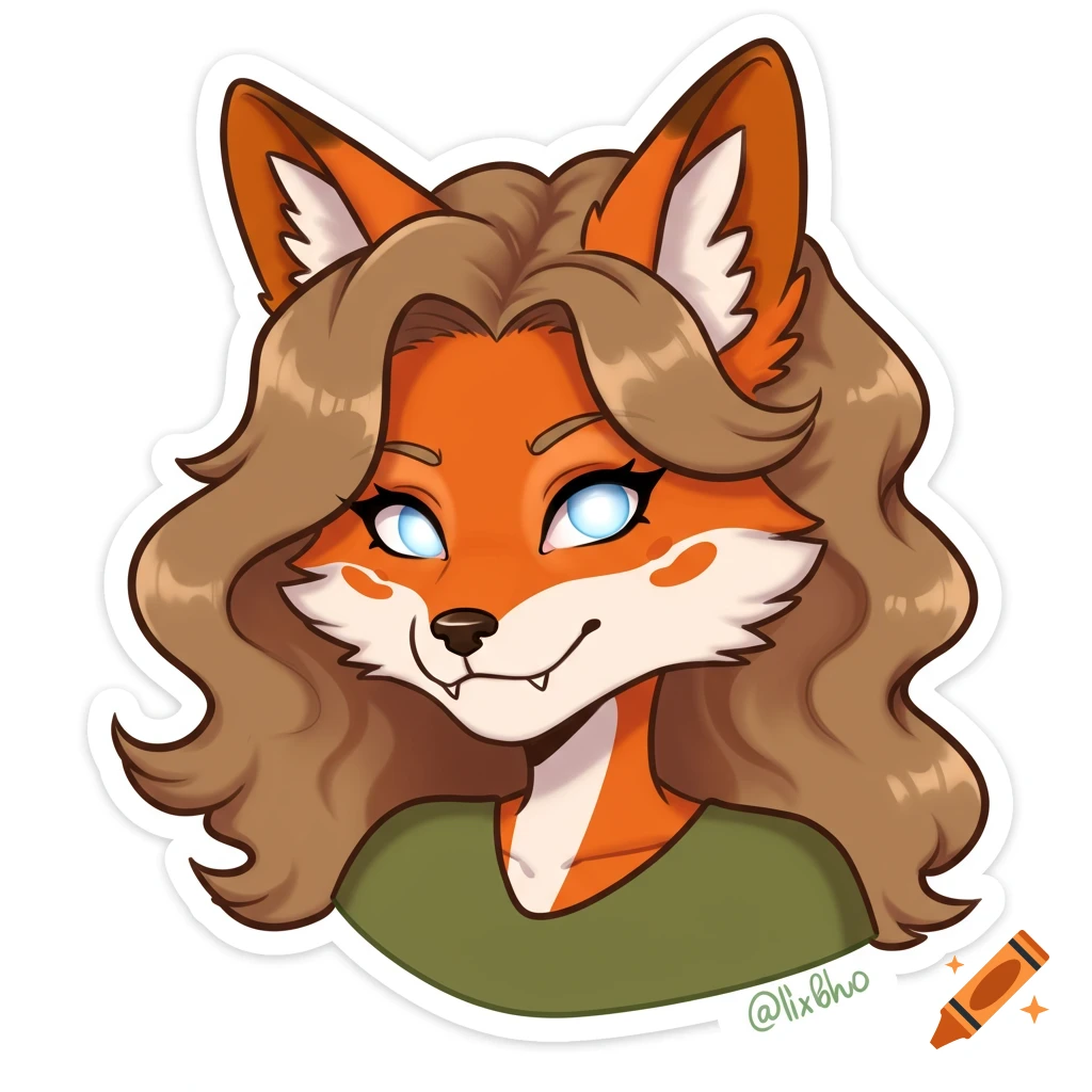 Cartoon sticker of an anthropomorphic fox woman with brown hair and blue eyes.