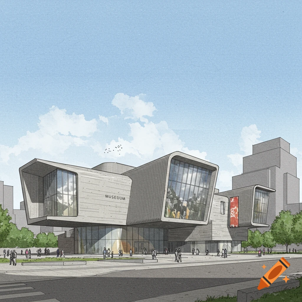 Architectural sketch of a modern museum building with curved sections and people walking outside.