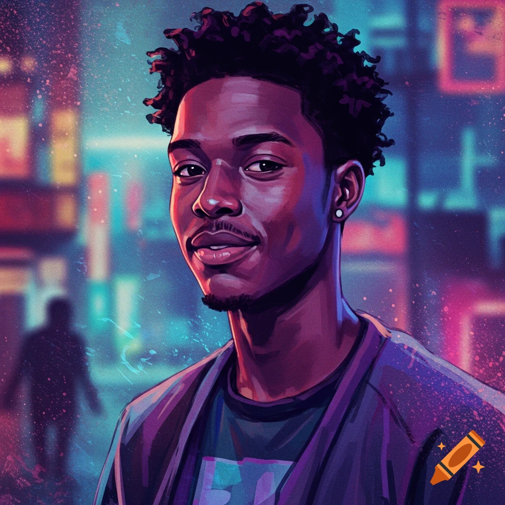 A young Black man in a neon lit cyberpunk city background.