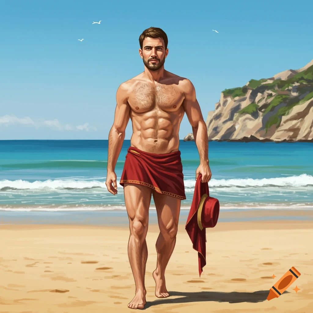 A muscular man walking on a beach.