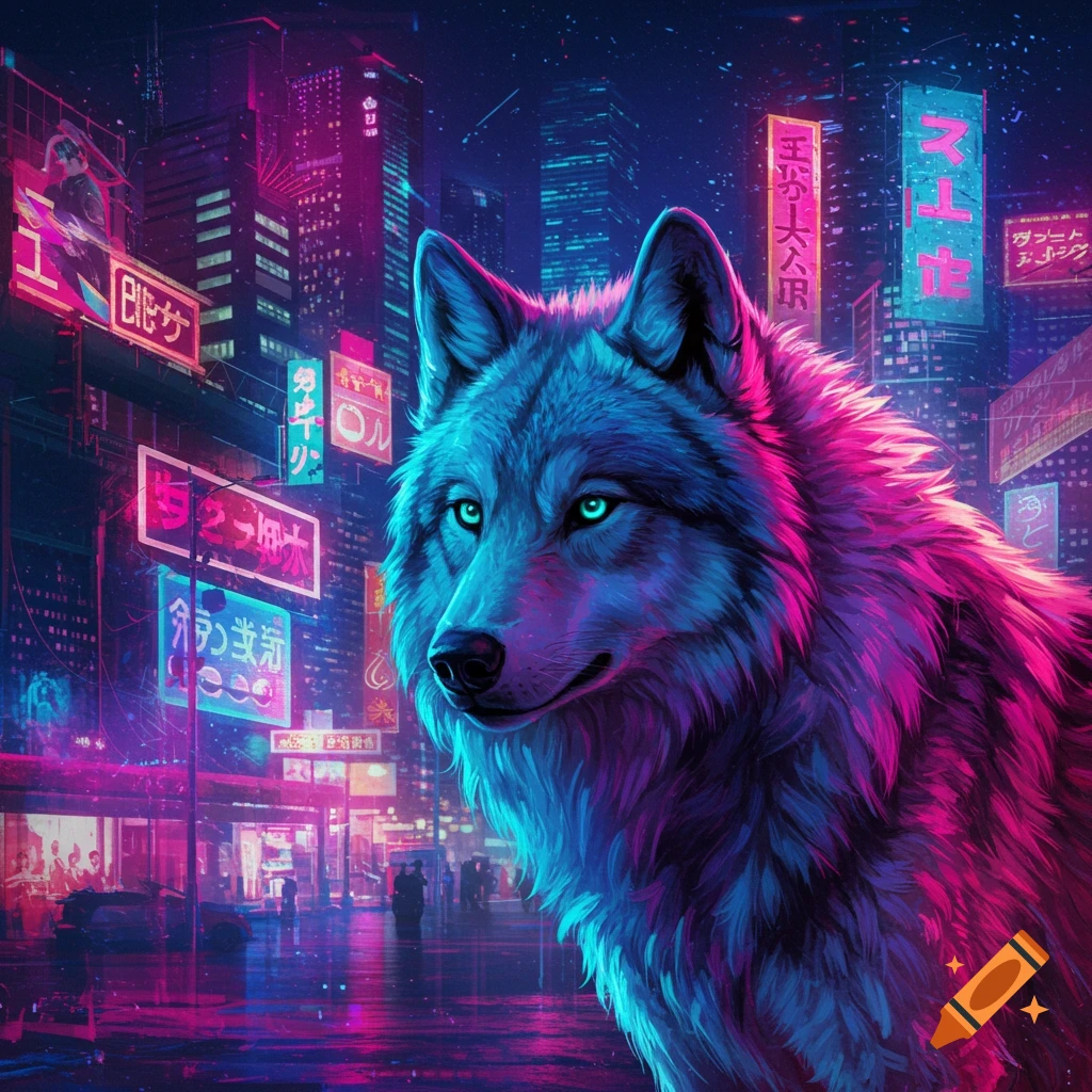 A cyberpunk wolf with glowing eyes stands in a neon-lit city street.