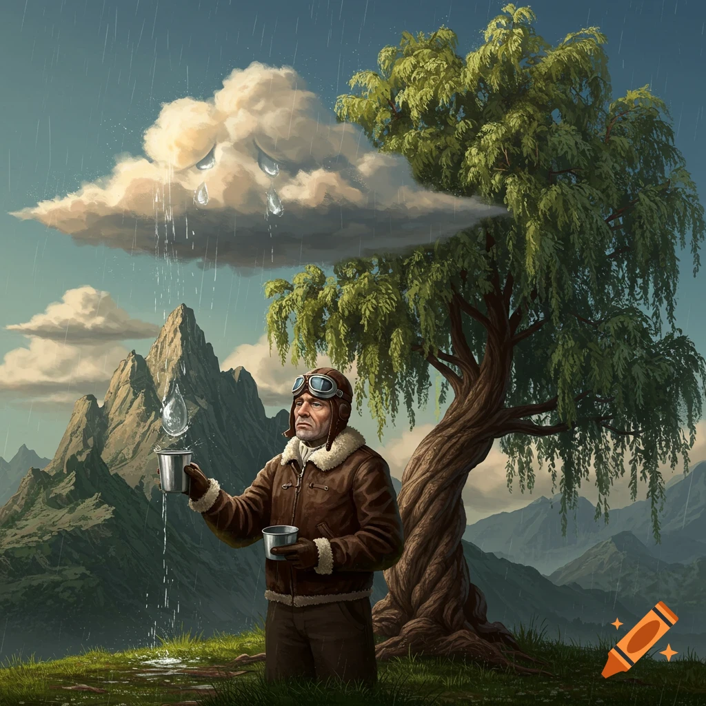 A pilot is catching rain from a sad cloud under a tree in a mountainous landscape.