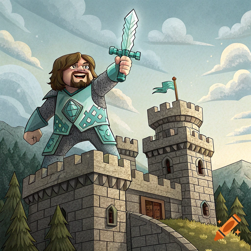 Cartoon illustration of a man in diamond armor on top of a castle, holding a glowing sword.