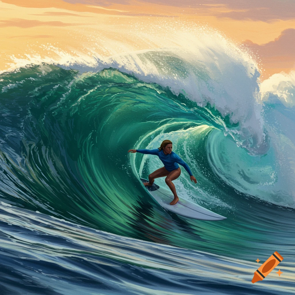 A person surfs inside a large green ocean wave.