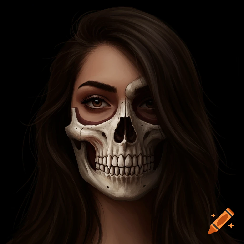 Portrait of a person with dark hair and a skull mask on the lower face.