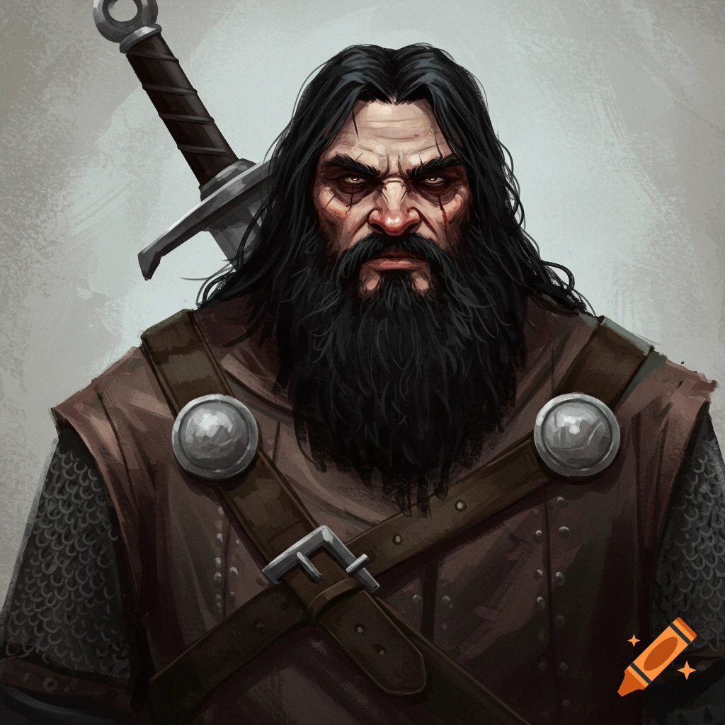 Portrait of a rugged fantasy warrior with long black hair, beard, scars, and armour, with a sword.