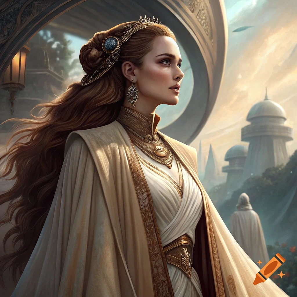 Woman in elaborate robes and crown looks over a futuristic city at sunset.