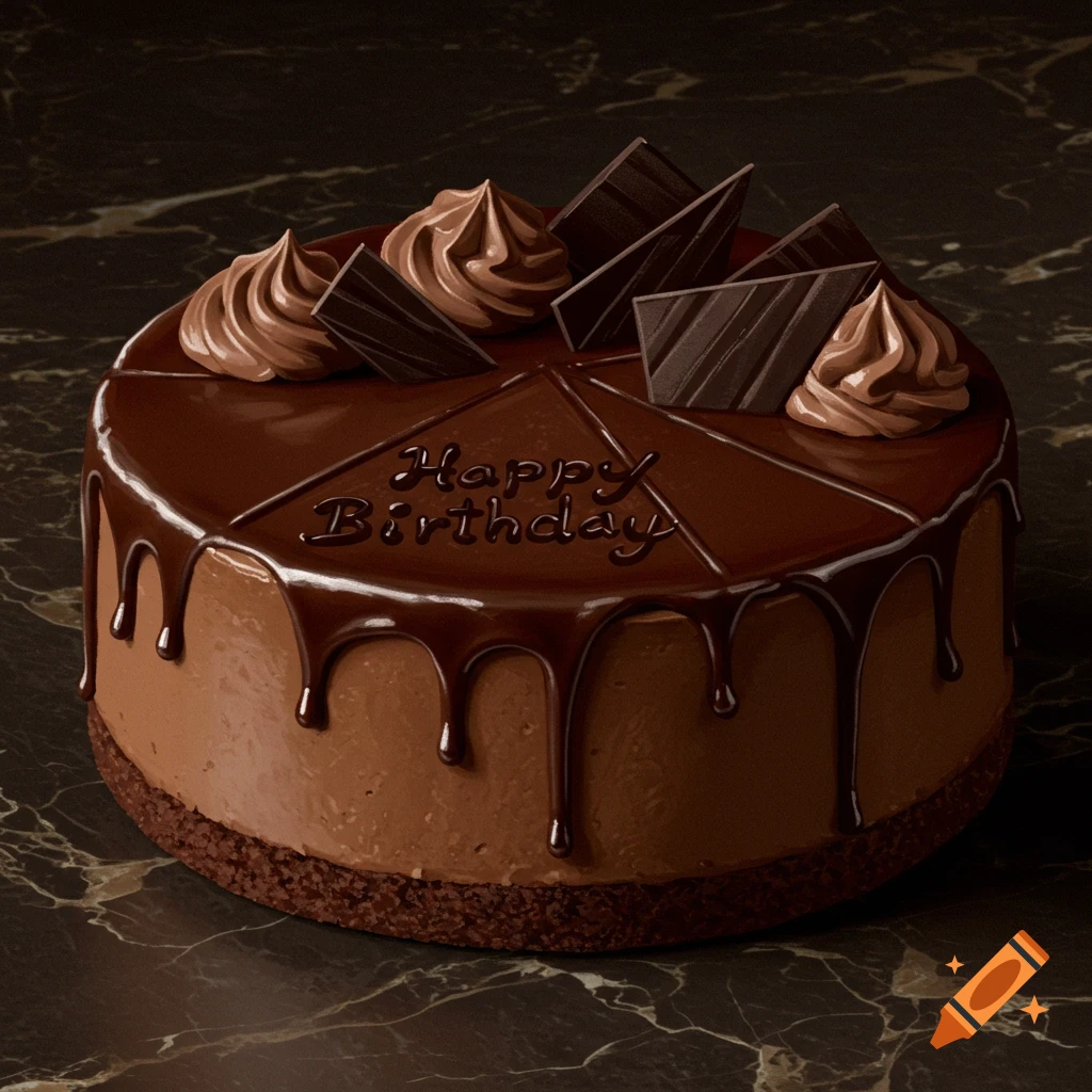 A rich chocolate mousse birthday cake with chocolate ganache drips and decorations.