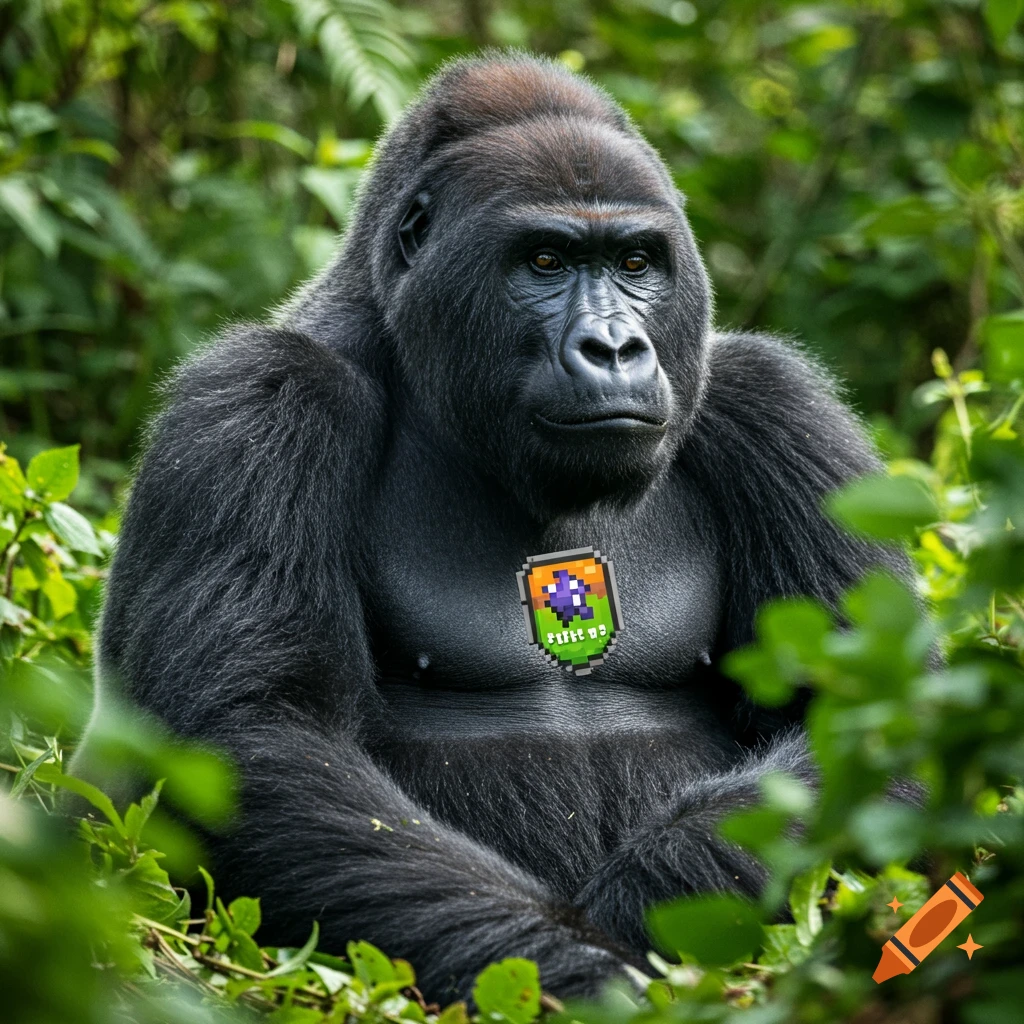 A realistic photograph of a gorilla wearing a pixelated badge on its chest, sitting in a lush green jungle.