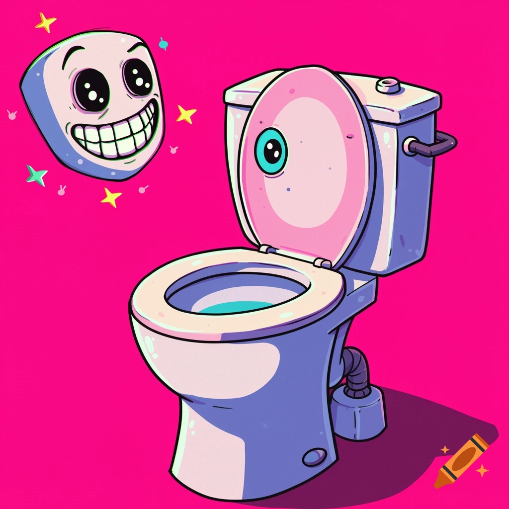 A cartoon toilet with a face smiles next to a floating cartoon head on a pink background.