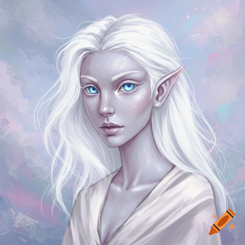 Portrait of a white-haired elf woman with bright blue eyes.