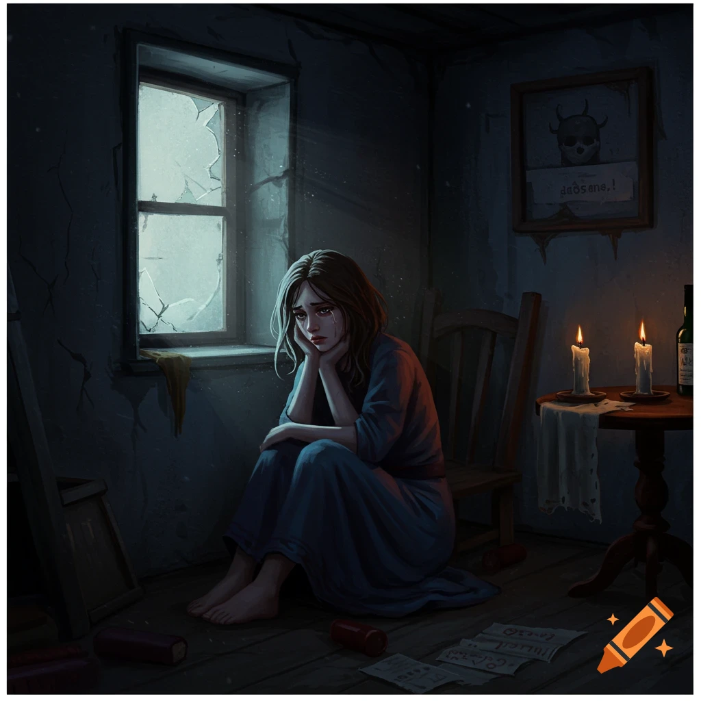 A sad young woman sits on the floor by a broken window in a dim room with candlelight.