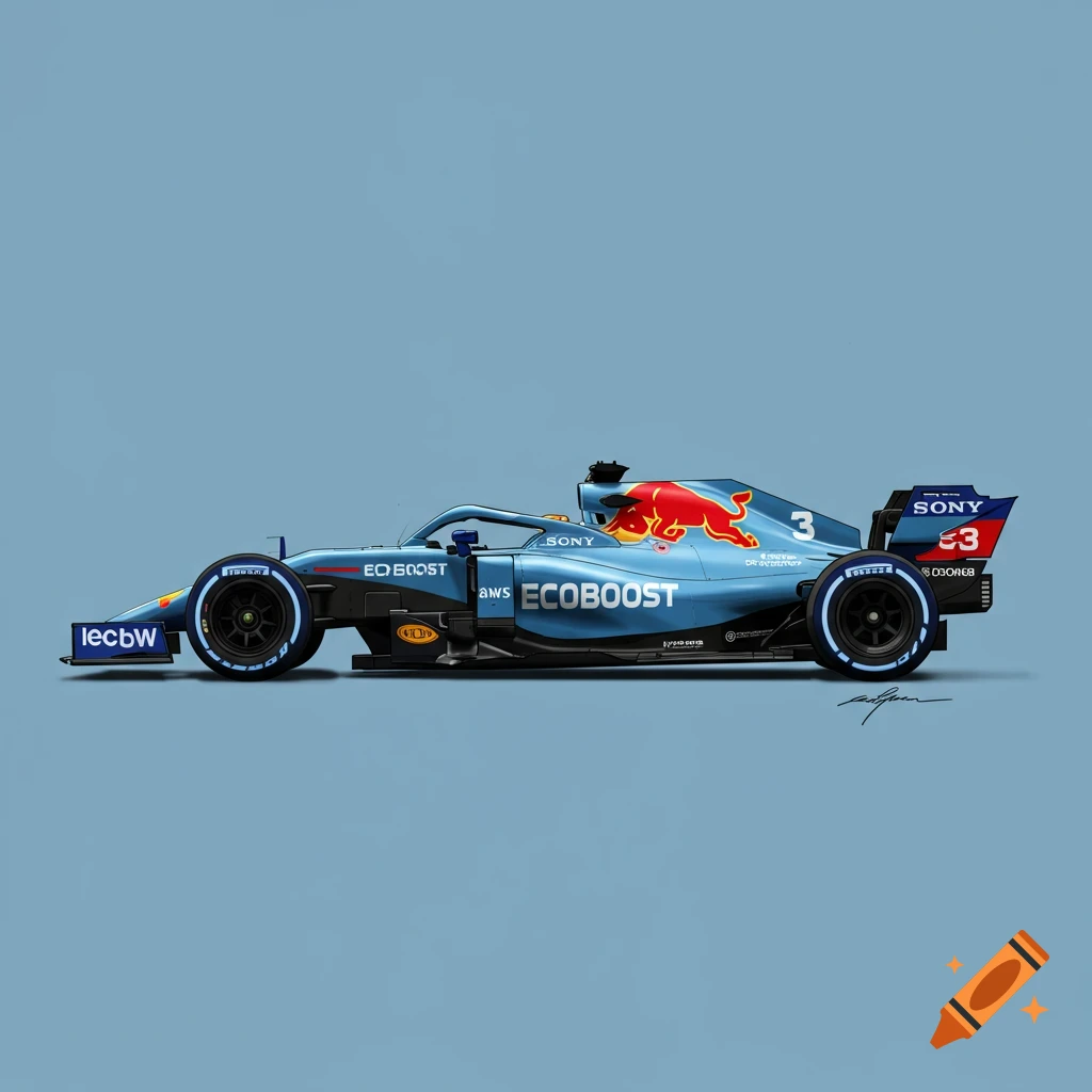 A blue Formula 1 race car with Red Bull, Sony, and other sponsors in profile view.