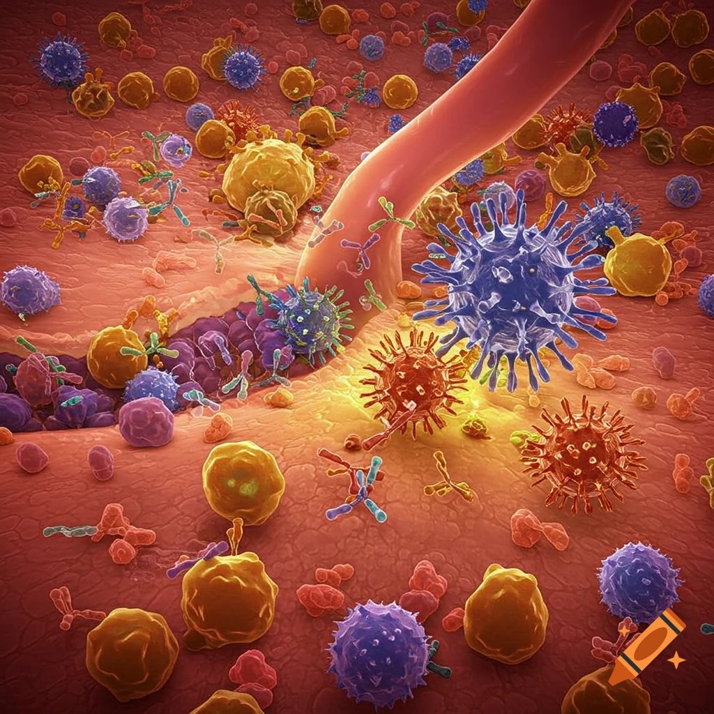 Microscopic view of immune response with blood vessel, various cells, and viruses.
