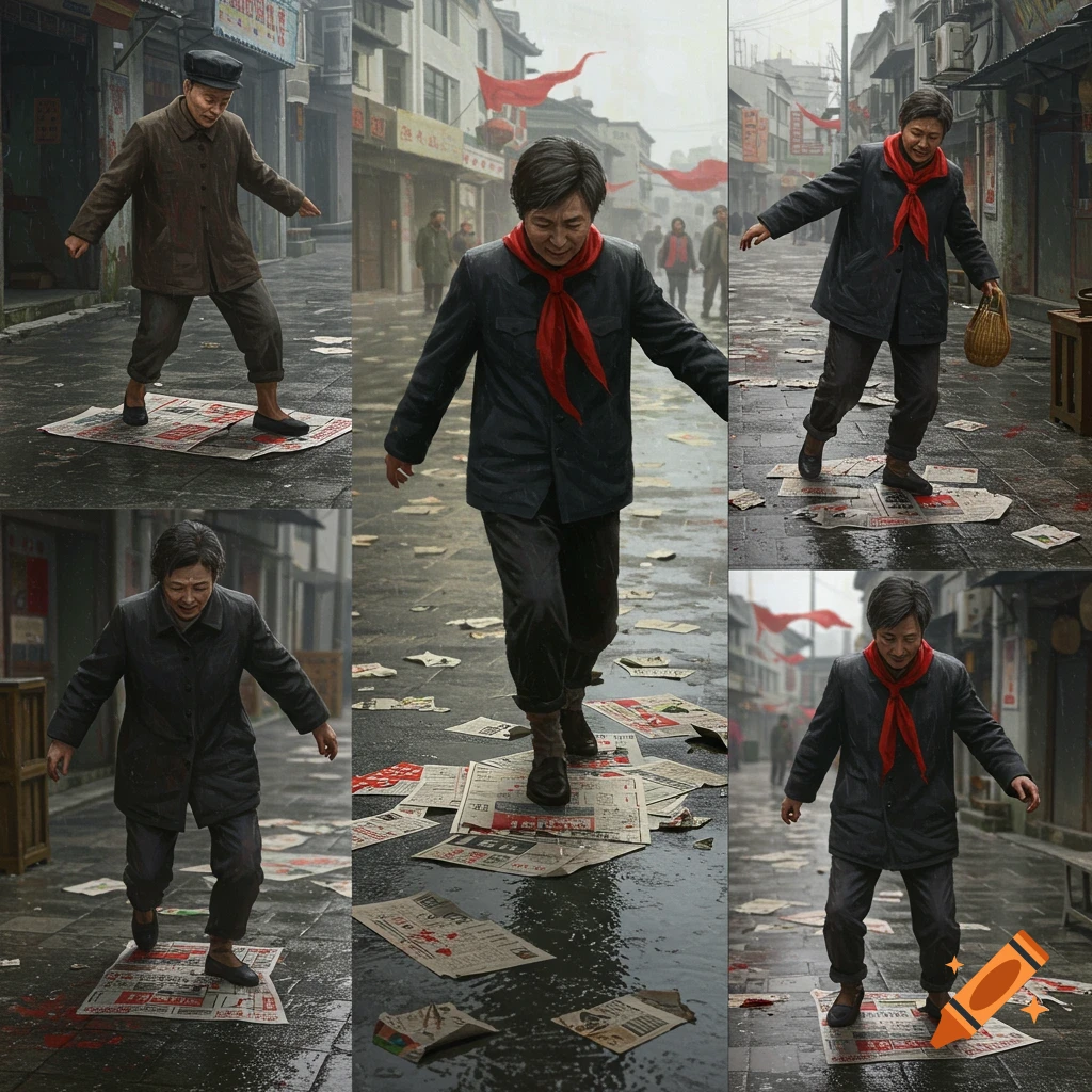 People walking on newspapers on a rainy street with red scarves.