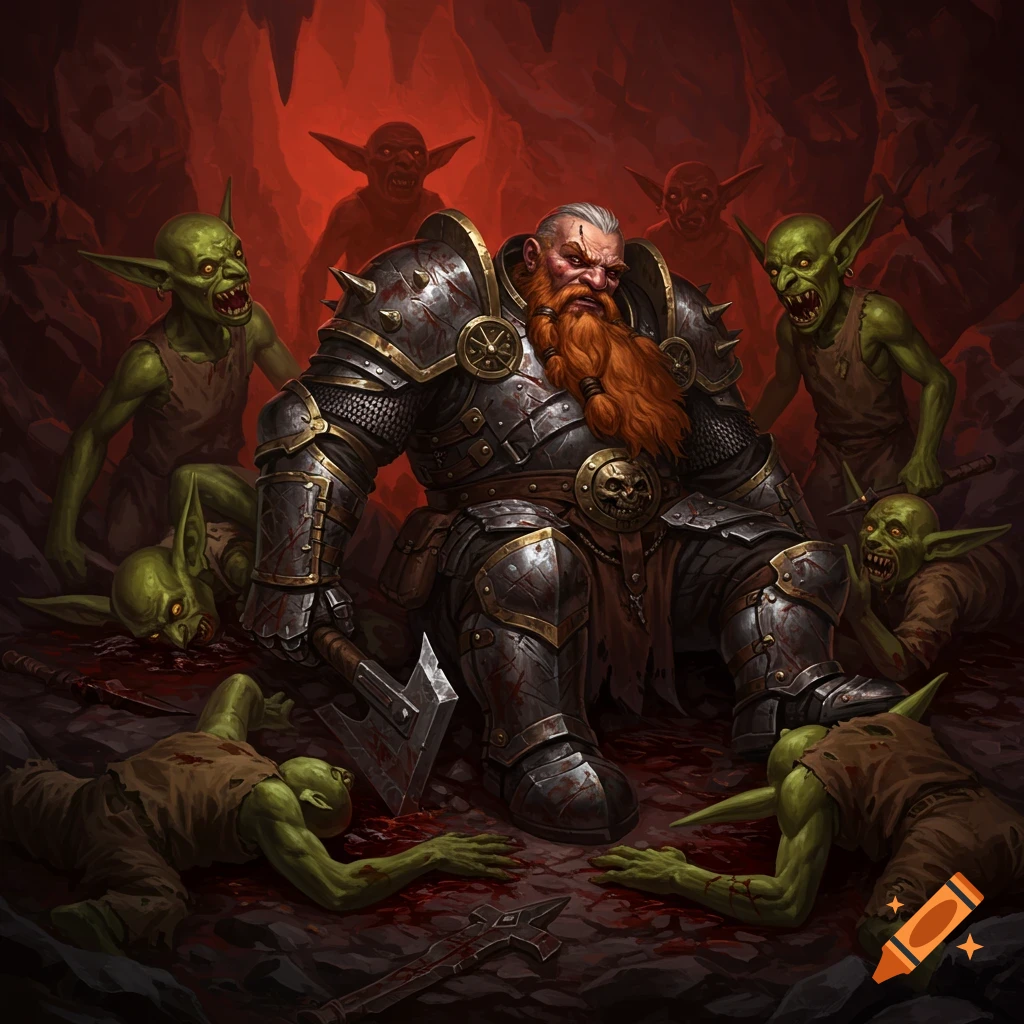An armored dwarf warrior surrounded by defeated goblins in a cave.