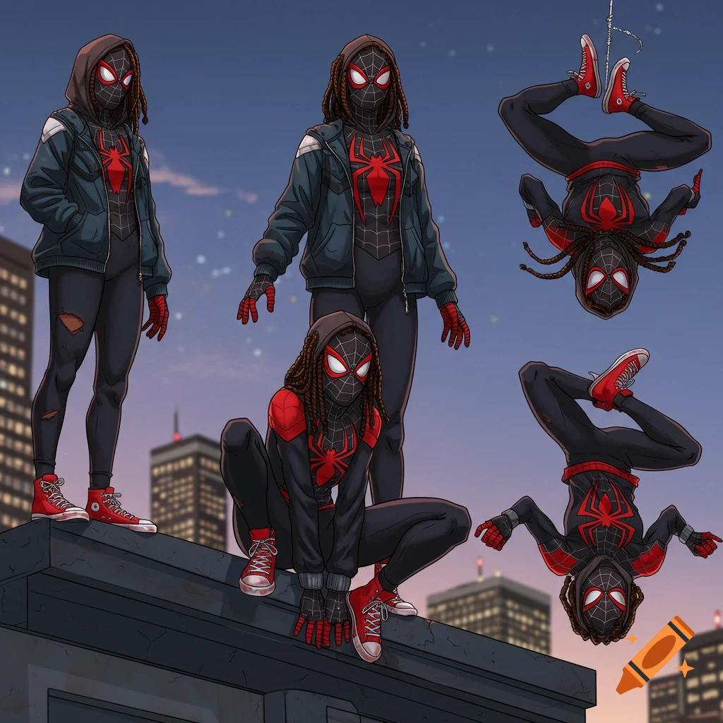 Illustration of a spidersona character with box braids in three different poses on a rooftop.