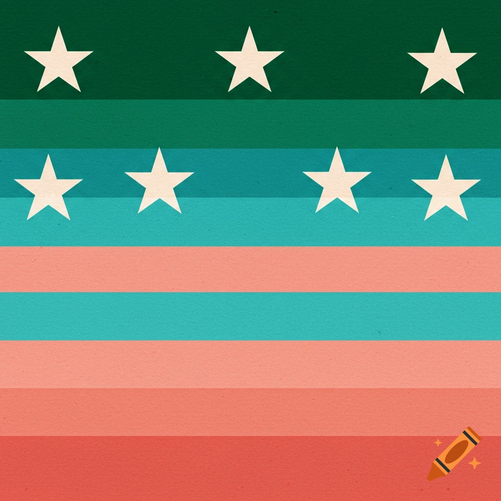 Stylized flag pattern with five white stars and alternating teal and peach stripes.
