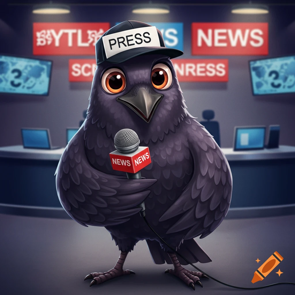 Cartoon raven wearing a press hat and holding a microphone in a newsroom.