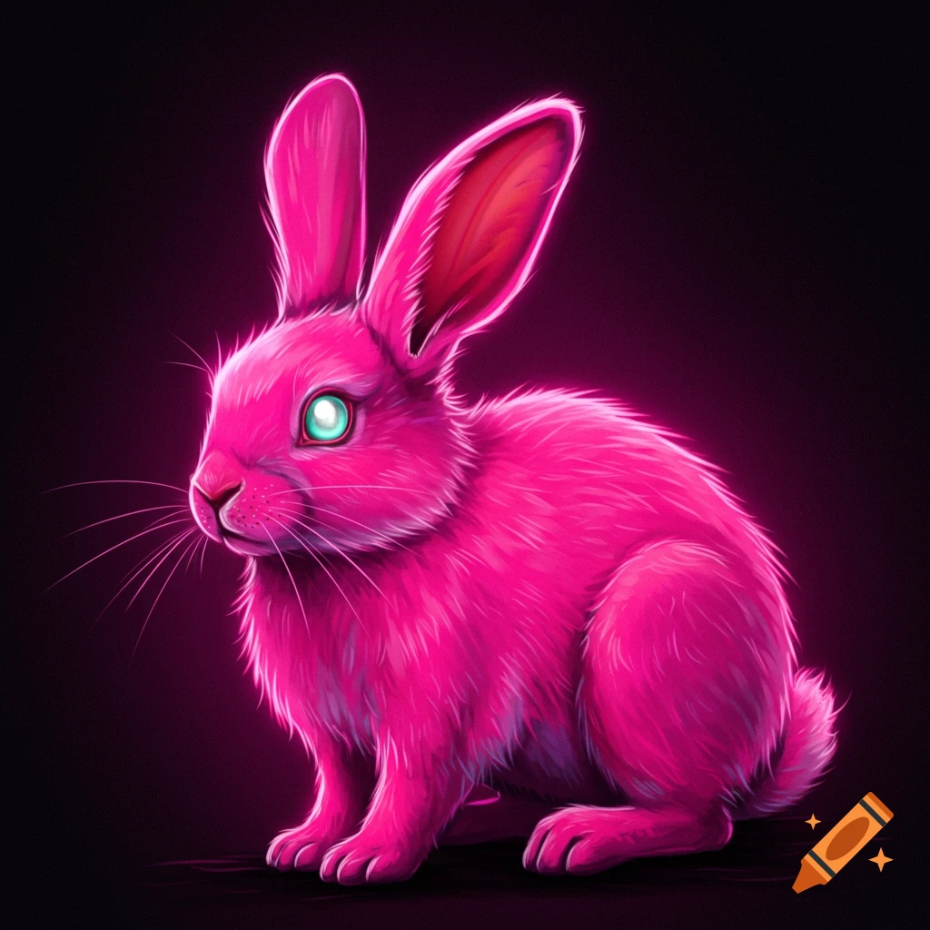 A bright pink bunny with glowing eyes.