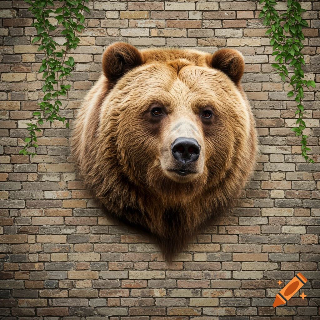 A bear head mounted on a brick wall with vines.